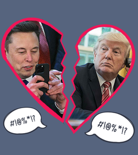 Ein auseinanderbrechendes Herz, links ist Elon Musk darin zu sehen - rechts Donald Trump. 