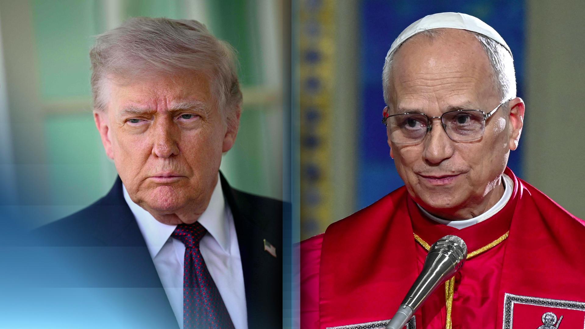 Donald Trump links im Bild und rechts daneben ein Bild von Papst Leo dem 14.