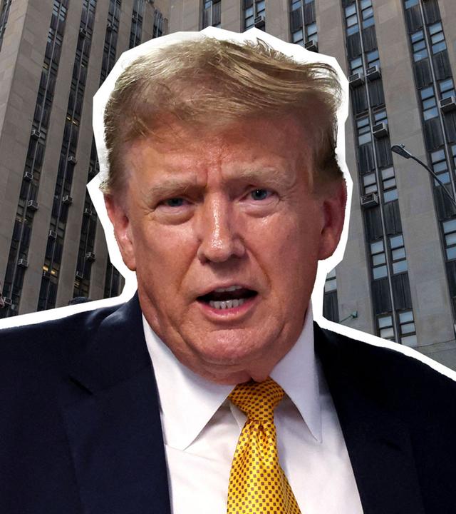 Ex-US-Präsident Trump ist vor dem Gerichtsgebäude in New York abgebildet, in dem der Schweigegeldprozess gegen ihn statt findet. 