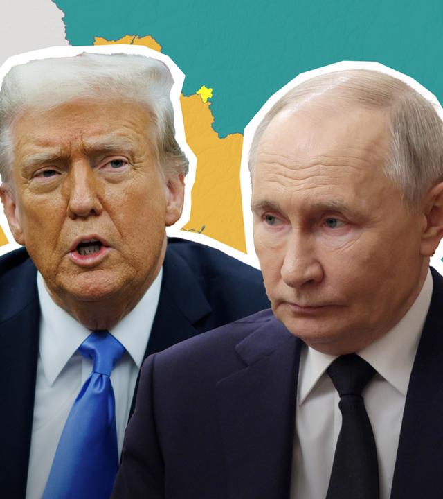 Donald Trump und Wladimir Putin vor einer Landkarte der Ukraine