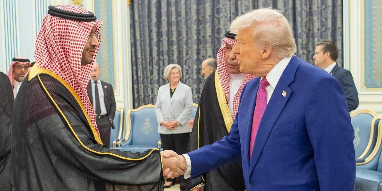 Saudi Crown Prince Mohammed bin Salman receive U.S. President Donald Trump at the Royal Court at Al-Yamamah Palace in Riyadh, Saudi Arabia, on May 13, 2025.
