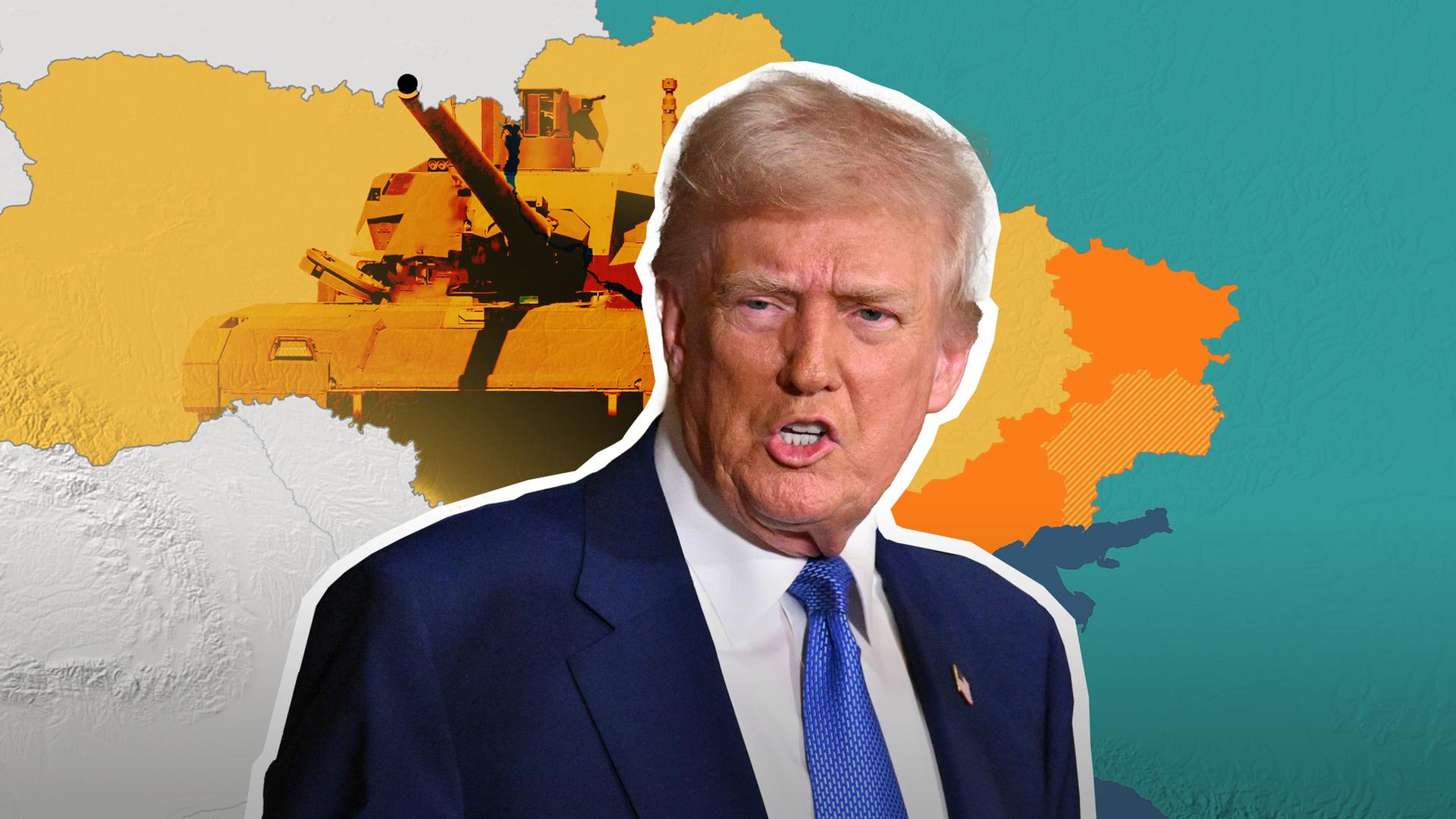 Donald Trump vor einer Karte der Ukraine und einem Panzer