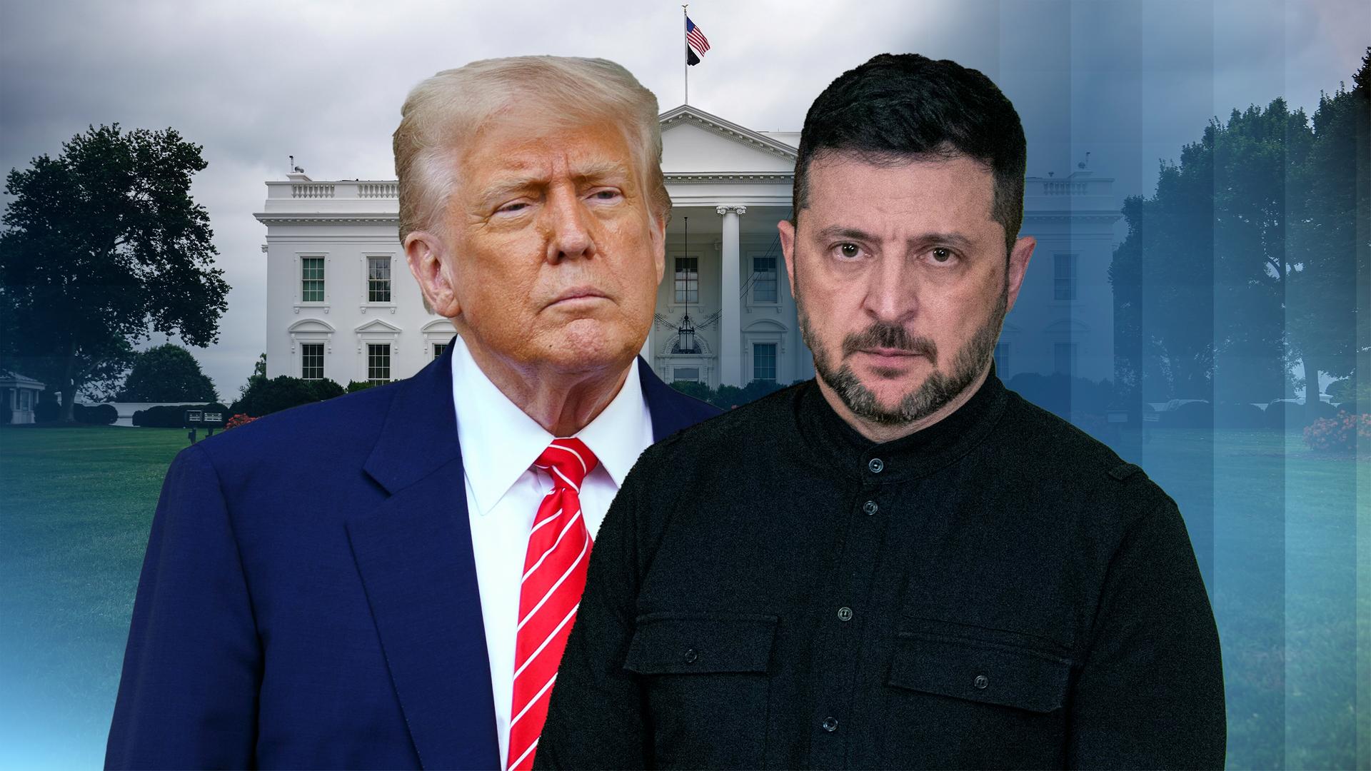 Donald Trump und Wolodymyr Selenskyj stehen vor dem Weißen Haus. 