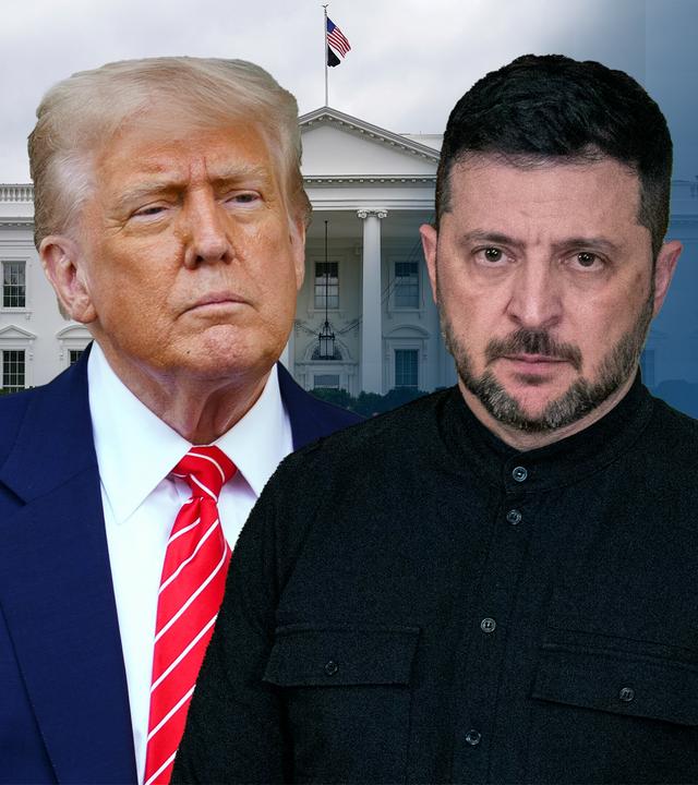 Donald Trump und Wolodymyr Selenskyj stehen vor dem Weißen Haus. 