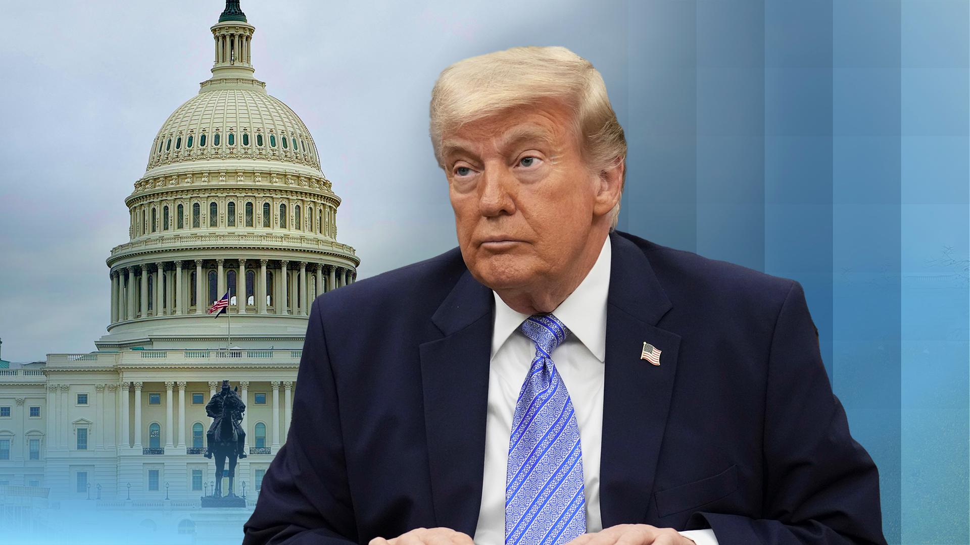 US-Präsident Donald Trump ist neben dem Weißen Haus in Washington eingeblendet.