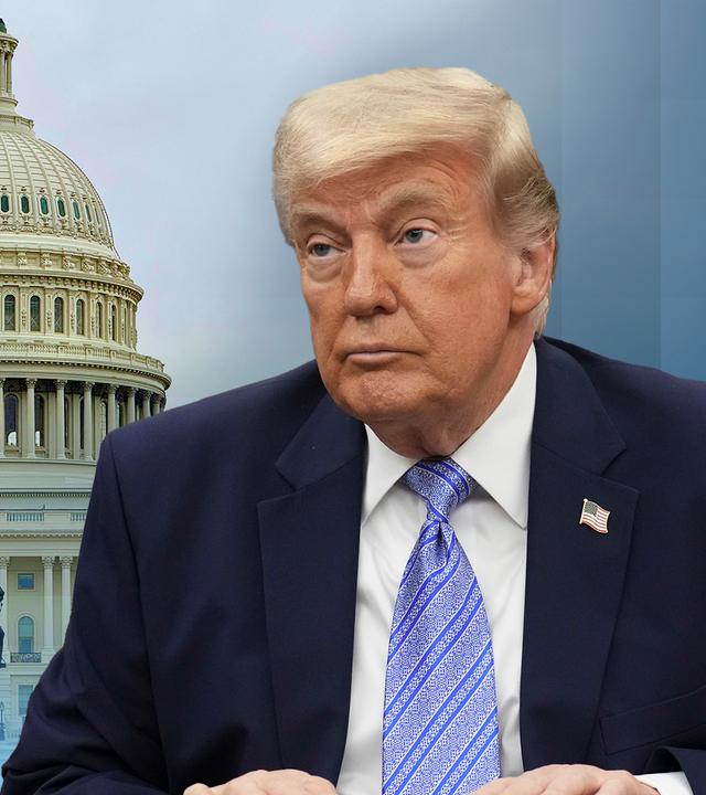 US-Präsident Donald Trump ist neben dem Weißen Haus in Washington eingeblendet.