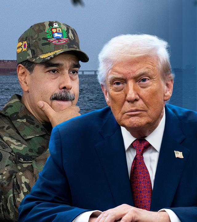 Venezuelas Präsident Maduro und US-Präsident Donald Trump, im Hintergrund ein Öltanker auf dem Meer