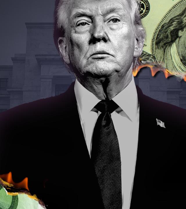 Trump vor dunklem Hintergrund mit brennenden Geldscheinen um ihn herum