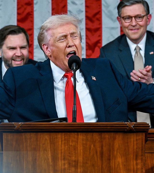 US-Präsident Donald Trump, im Hintergrund: JD Vance und Mike Johnson