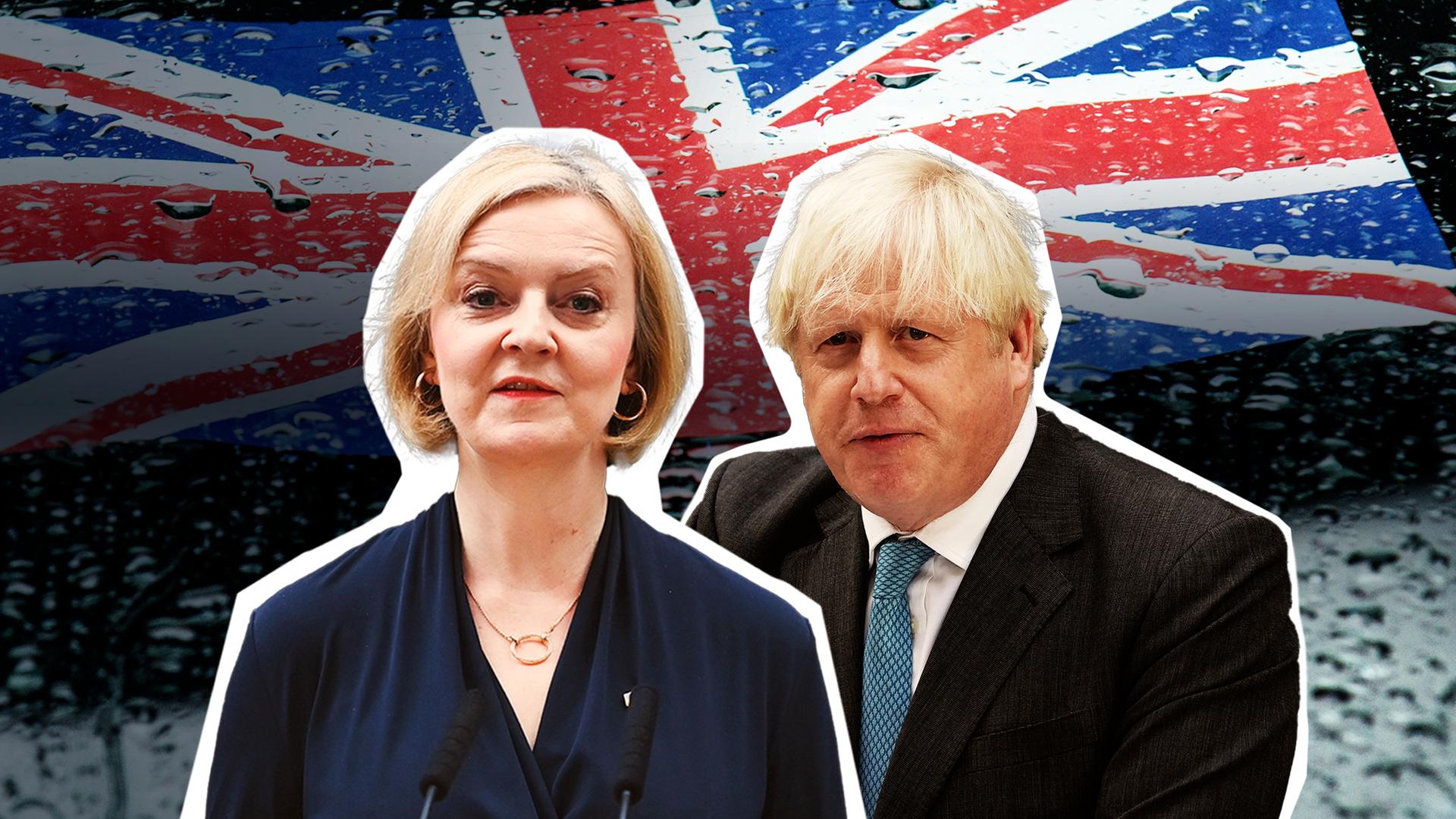 Mitte link, Liz Truss, mitte rechts Boris Johnson. Im Hintergrund die Flagge von Grobritannien mit Regentropfen  
