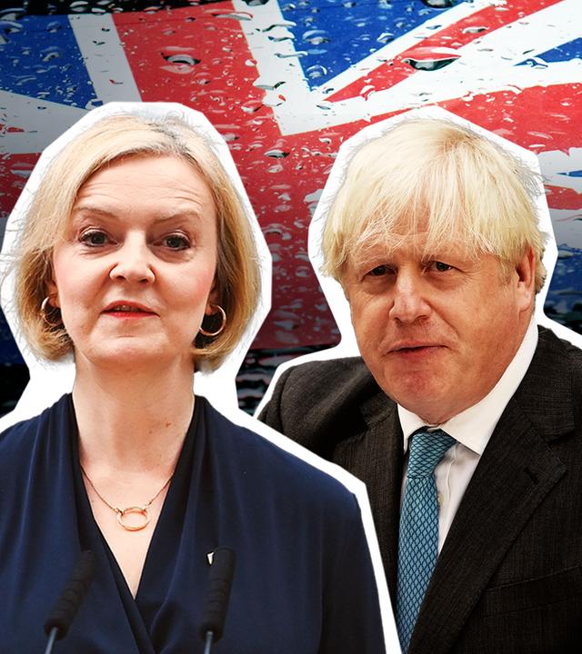 Mitte link, Liz Truss, mitte rechts Boris Johnson. Im Hintergrund die Flagge von Grobritannien mit Regentropfen  
