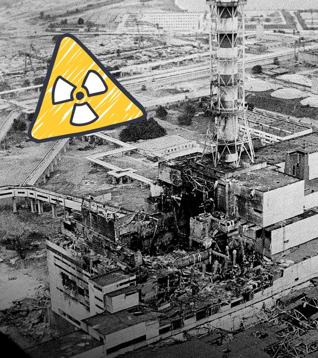 Collage: Archivaufnahme Tschernobyl von zerstörtem Reaktor mit grafischem Symbol für radioaktive Strahlung