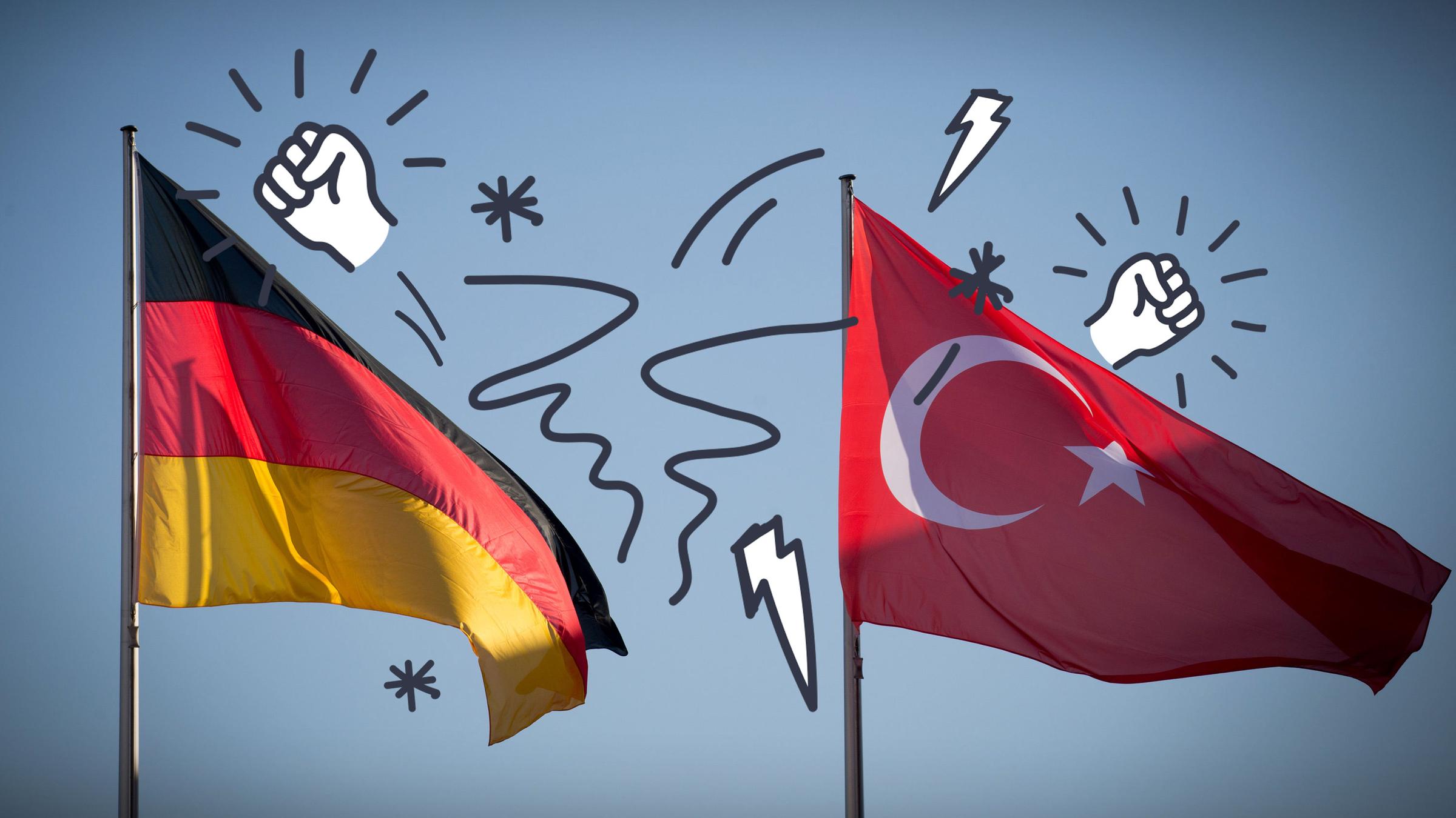 Flagge der Türkei und Flagge Deutschlands mit Symbolbildern zum Thema Streit