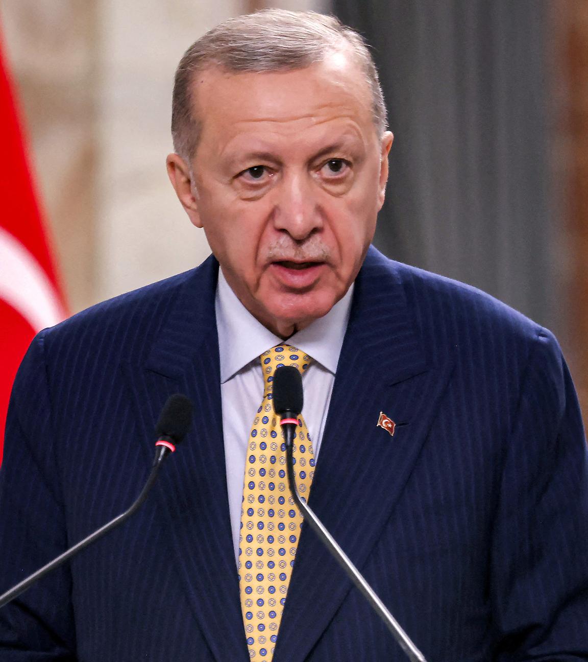 Der türkische Präsident Recep Tayyip Erdogan spricht vor der Presse in Bagdad, Irak, am 22. April 2024.