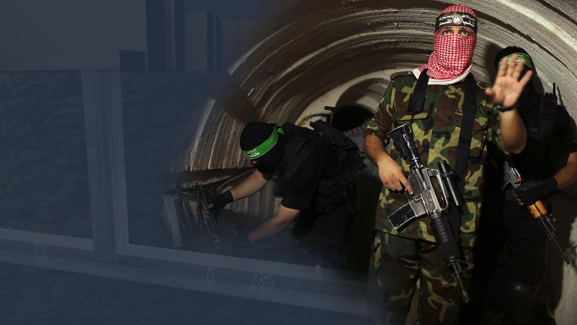 Hamas-Terroristen in einem Tunnel überblendet mit Grafik.