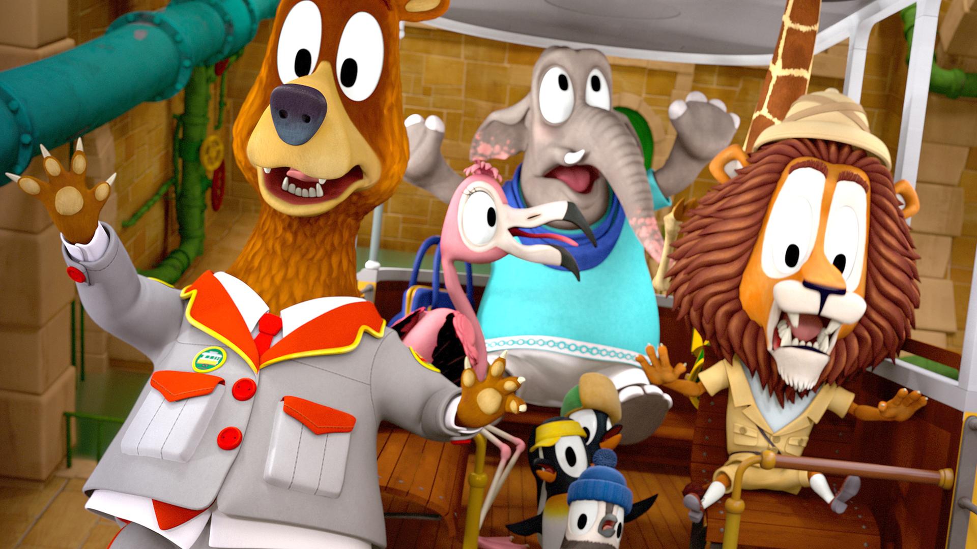 Die Zoobande sitzt in ihrem Bahnabteil, alle schauen erschrocken und schreien, da die Bahn hin und her wackelt.