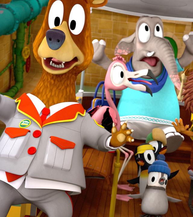 Die Zoobande sitzt in ihrem Bahnabteil, alle schauen erschrocken und schreien, da die Bahn hin und her wackelt.