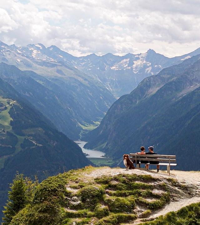 Paar auf einer Bank, sie blicken von oben auf einen See