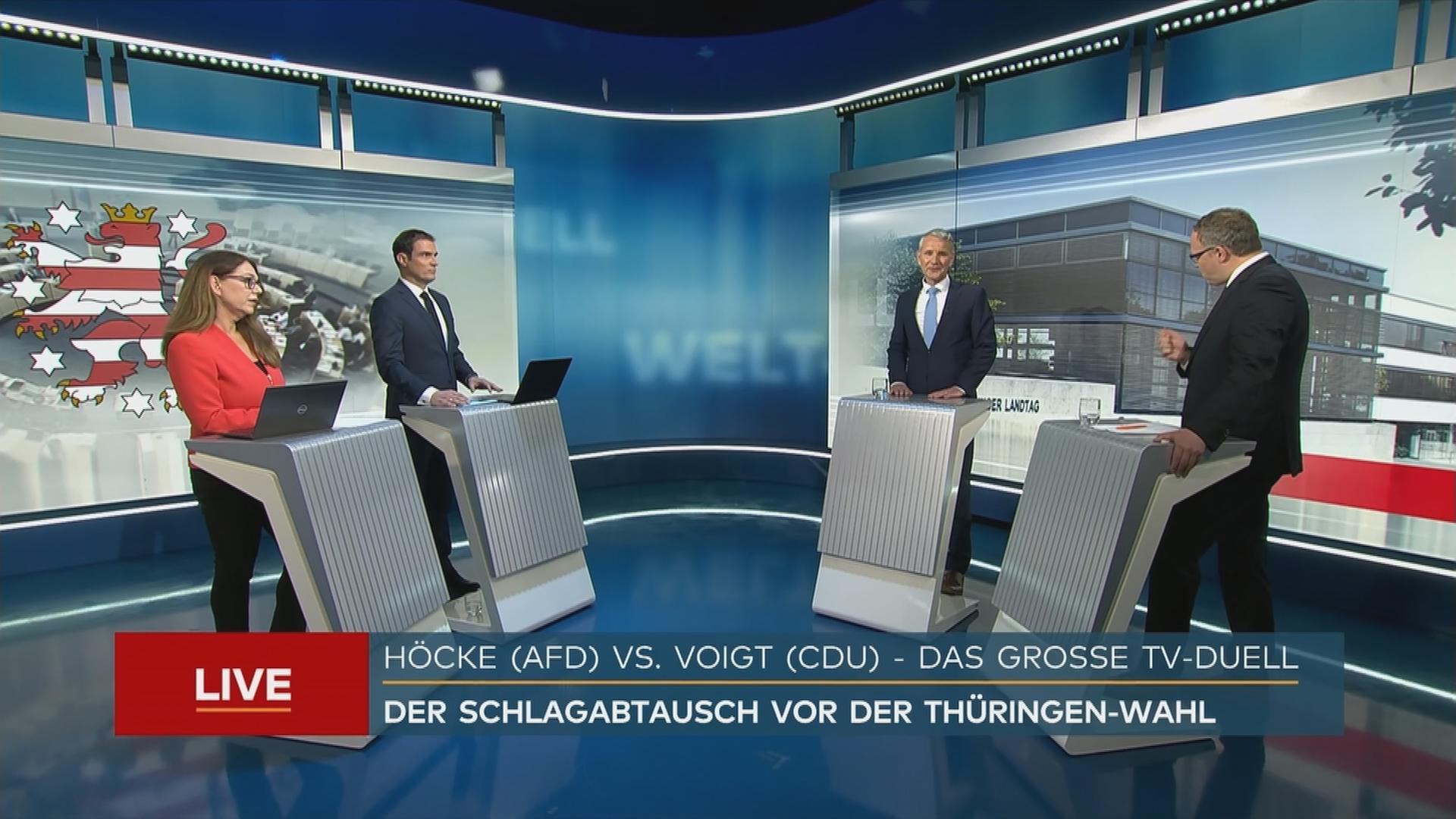 Björn Höcke und Mario Voigt im Studio beim TV-Duell zur Thüringer Landtagswahl.
