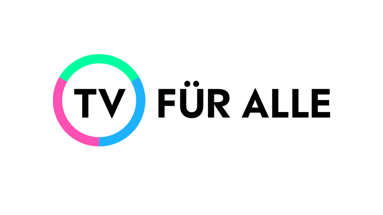 In einem Kreis aus Grün, Cyan und Magenta stehen die schwarzen Buchstaben "TV", rechts daneben in gleichen Großbuchstaben "für alle"