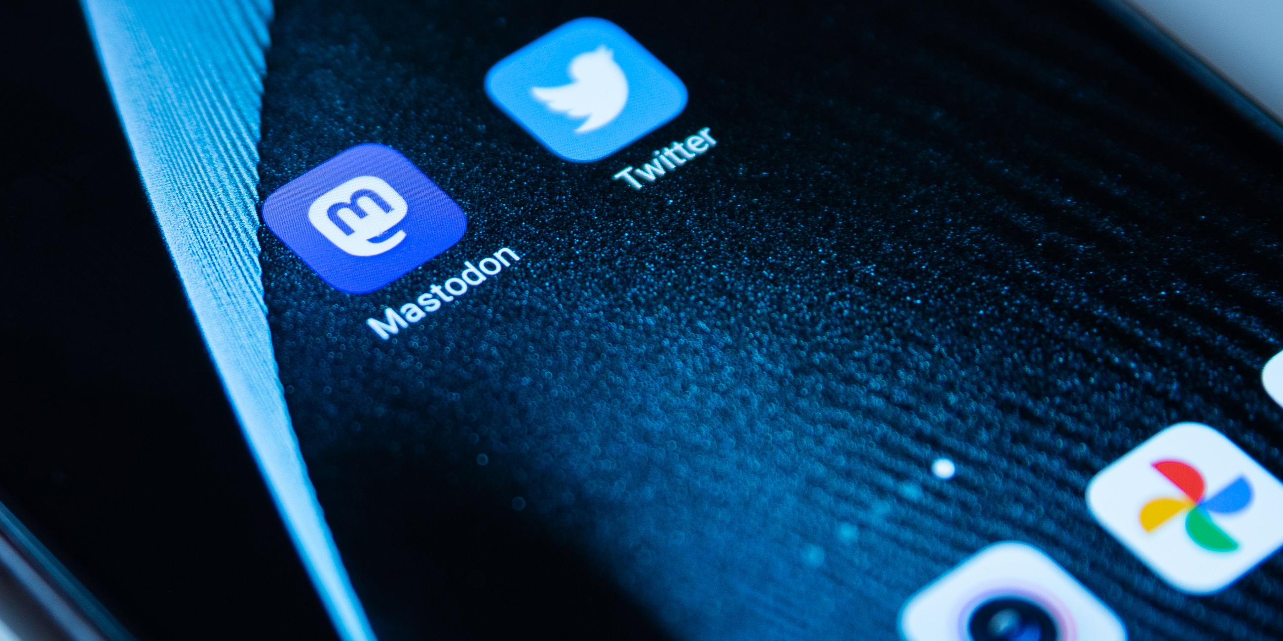 Das Logo von Mastodon und Twitter auf einem Handyscreen