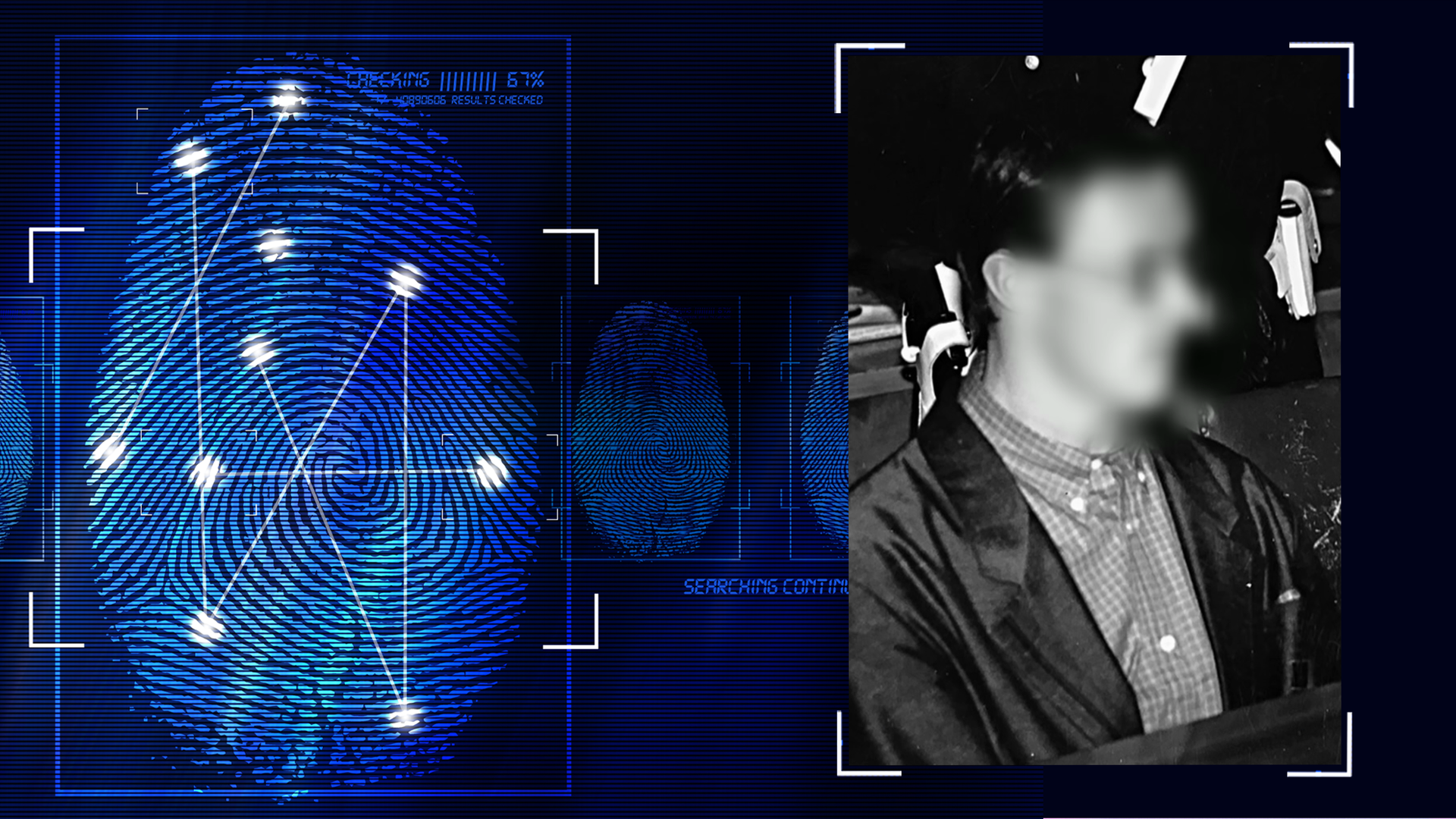 Foto des Täters auf der Anklagebank (schwarzweiß) - das Gesicht des Mannes wurde technisch verfremdet. Links daneben: Lichtschematische Darstellung eines Fingerabdrucks.