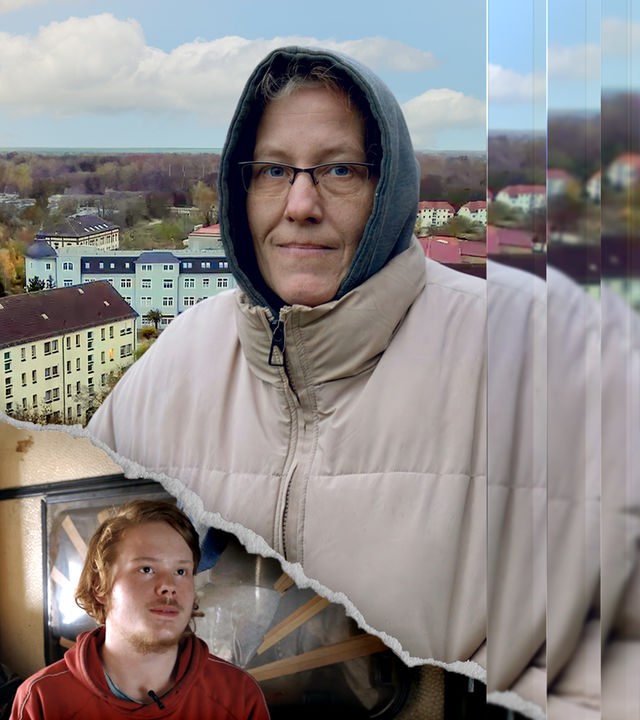 Frau mit Kapuze vor einer Collage mit einer Stadtkulisse und einem jungen Mann, ihrem Sohn, links unten