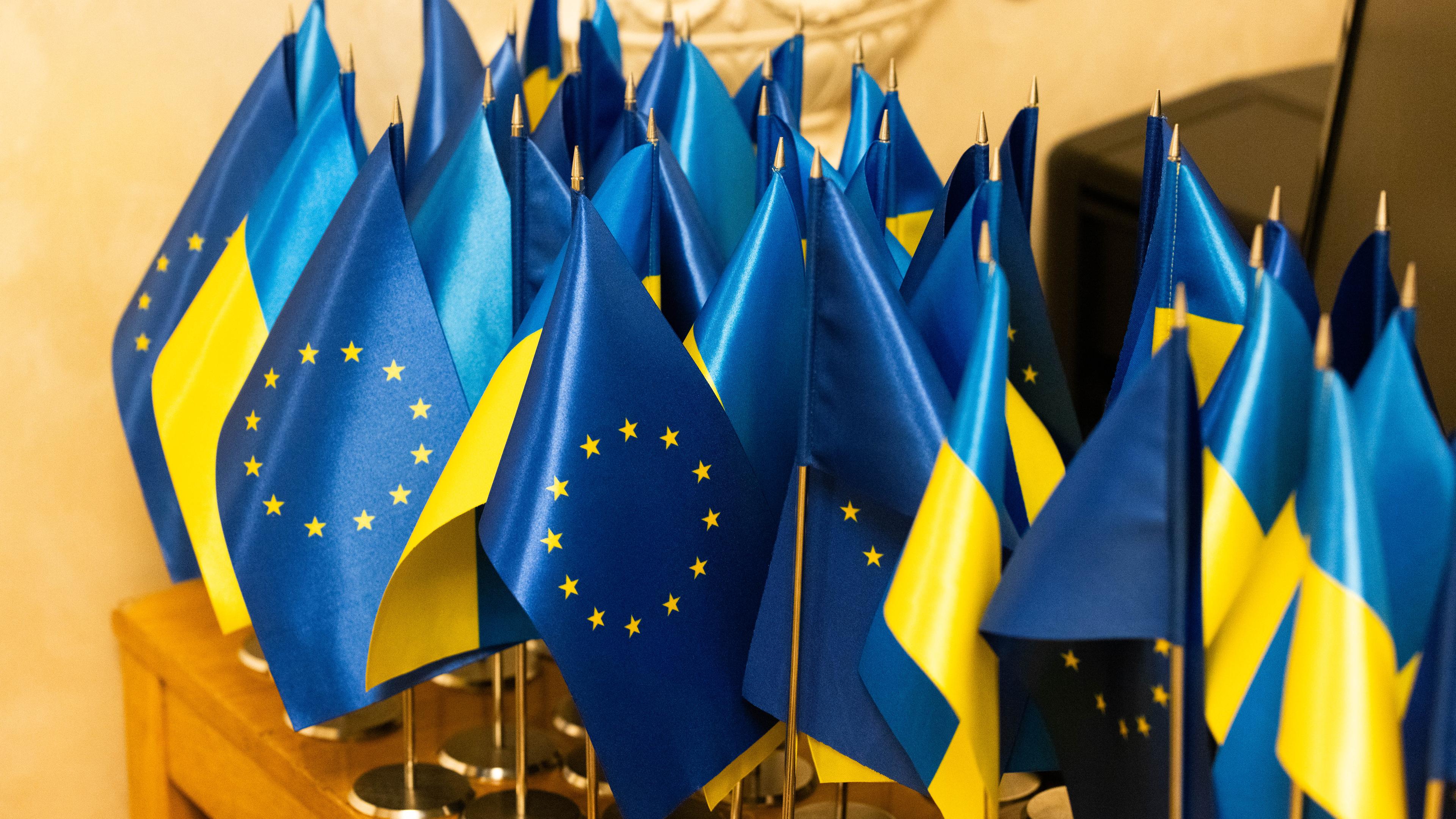 Auf einem Tisch stehen viele kleine EU und Ukraine Flaggen.