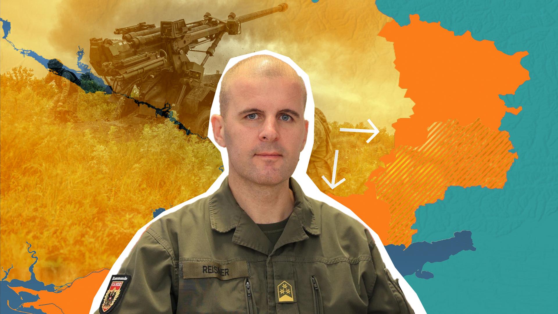 Im Vordergrund ist Oberst Markus Reisner zu sehen; im Hintergrund eine grafische Karte der Ukraine mit markierten Stellen, an denen die Schwerpunkte der Gegenoffensive liegen. 