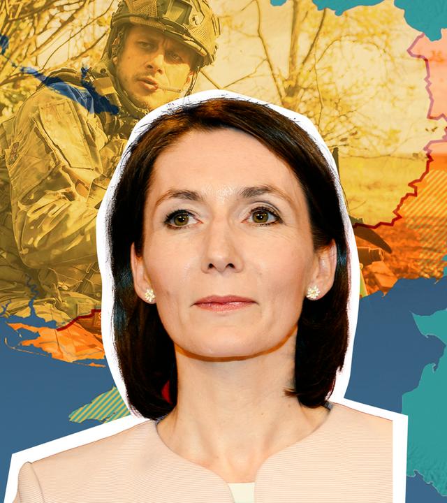Ukraine Karte, Foto von ukrainischem Soldat und Claudia Major