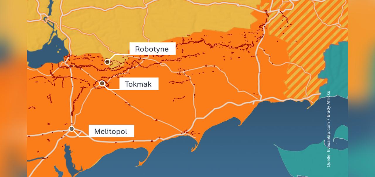 Die Karte zeigt die Städte Robotyne, Tokmak und Melitopol im Süden der Ukraine sowie dort ausgebaute russische Verteidigungslinien.