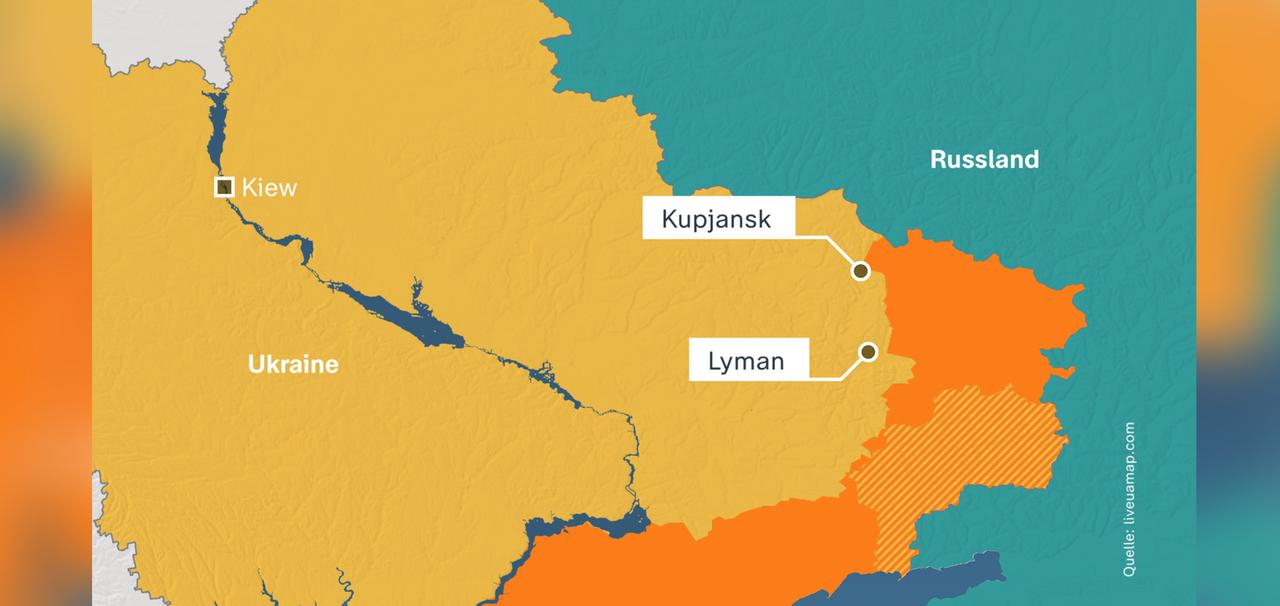 Die Karte zeigt die Städte Kupjank und Lyman im Nordwesten der Ukraine und den Frontverlauf.