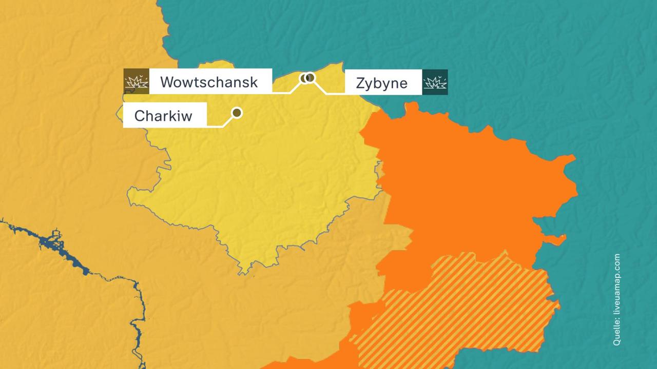 Karte der Ukraine zu den aktuellen Angriffen der russischen Bodenoffensive in der Region Charkiw