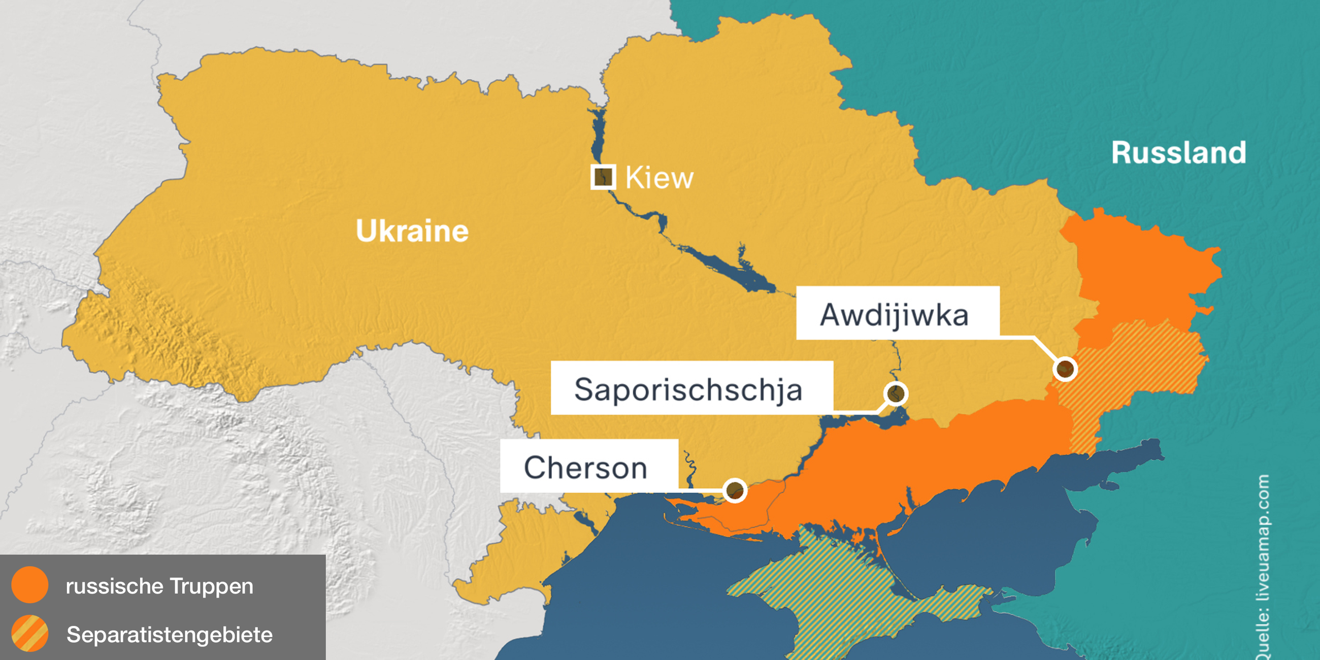 Die Karte zeigt den aktuellen Stand der russischen Besatzung der Ukraine am 16.12.2023. Auf der Karte eingezeichnet sind die Städte Cherson, Saporischschja und Awdijiwka, die sich in der Grenzregion der Besatzung befinden.