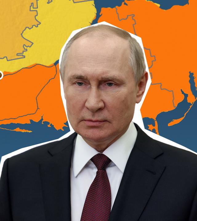 Wladimir Putin; im Hintergrund ist eine Karte von Russland und der Ukraine; eine Ortsmarke zeigt Cherson