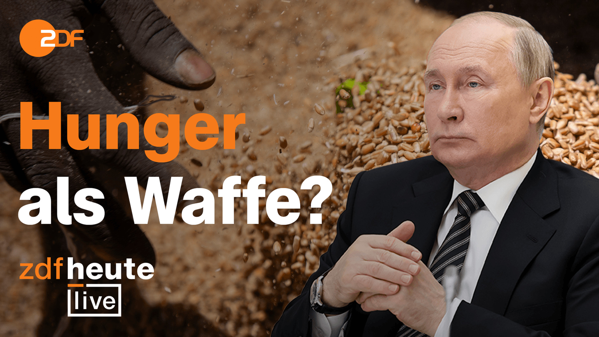 Im Hintergrund Getreide, rechts Putin, links der Text: "Hunger als Waffe?"