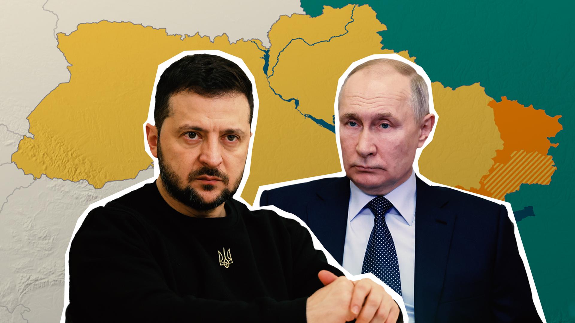 Im Vordergrund sind Cutouts der Präsidenten Selenskyj und Putin zu sehen. Im Hintergrund sieht man eine Grafik, die den ukrainischen Frontverlauf abbildet. 