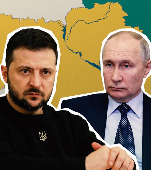 Im Vordergrund sind Cutouts der Präsidenten Selenskyj und Putin zu sehen. Im Hintergrund sieht man eine Grafik, die den ukrainischen Frontverlauf abbildet. 