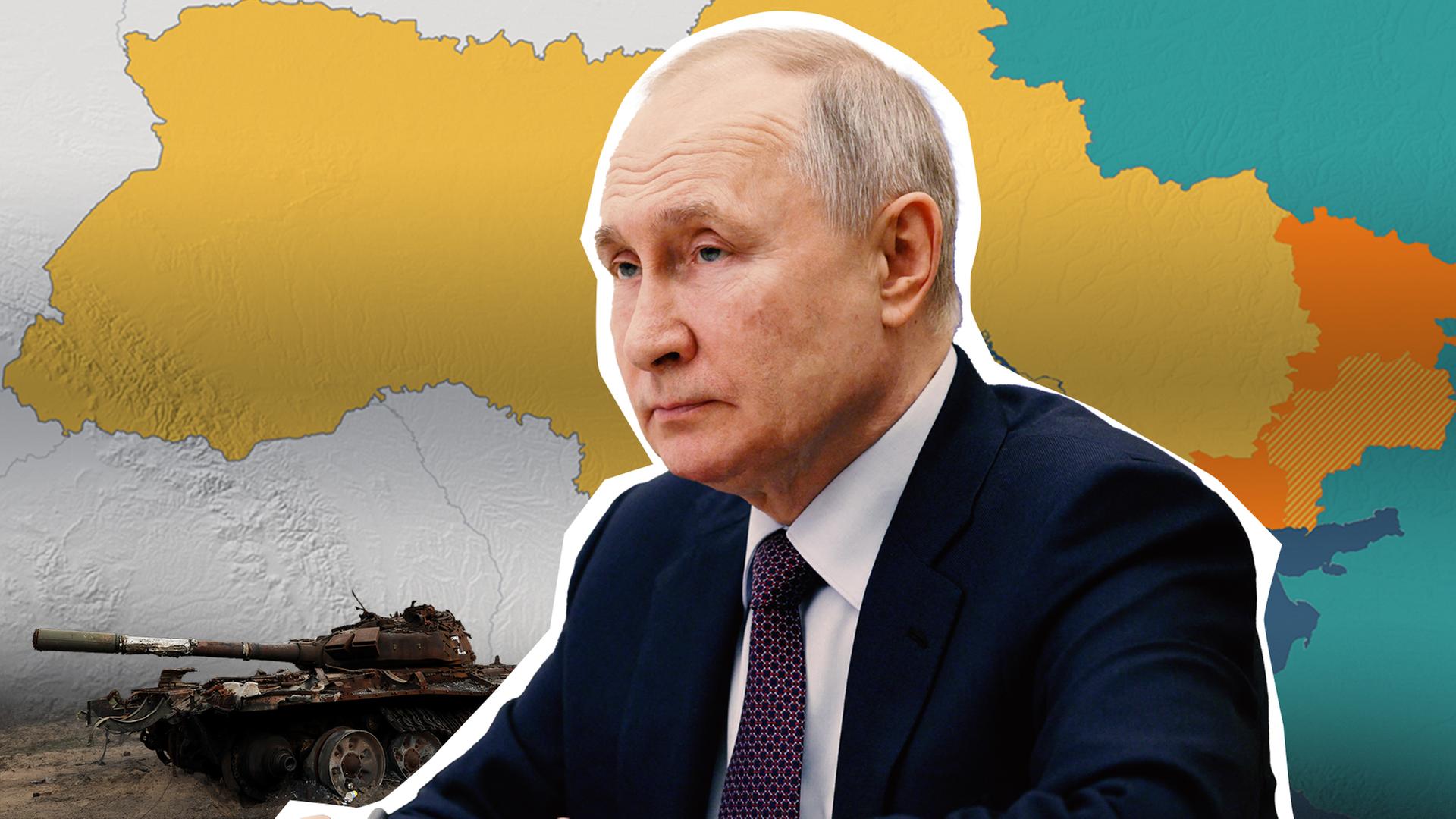 Eine Collage: Putin im Vordergrund. Im Hintergrund eine Ukraine-karte und ein Panzer.