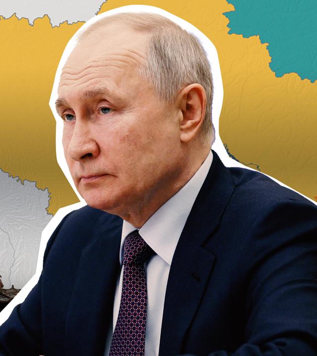 Eine Collage: Putin im Vordergrund. Im Hintergrund eine Ukraine-karte und ein Panzer.