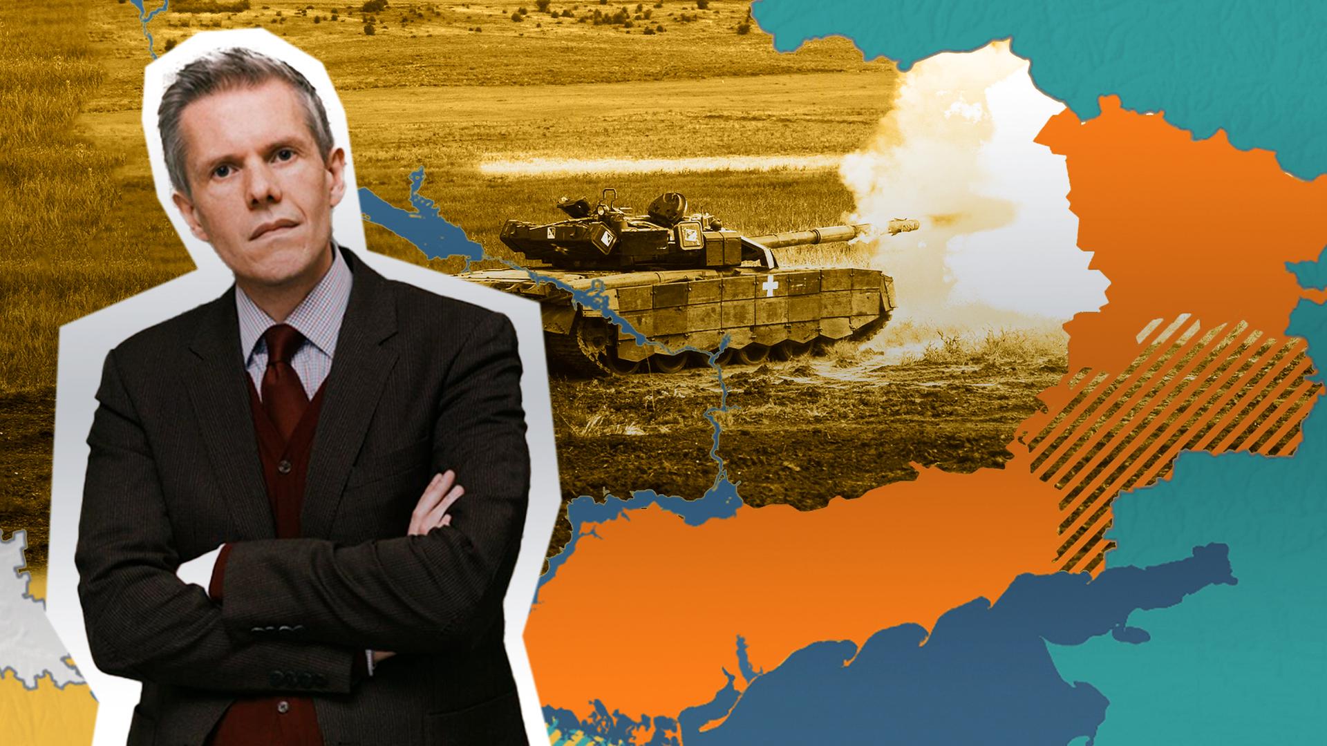 Eine Collage: Im Hintergrund eine graphische Karte der Ostukraine. Links, Militärexperte Marcus Keupp im Anzug. Rechts, ein Panzer, der in Richtung Osten feuert.