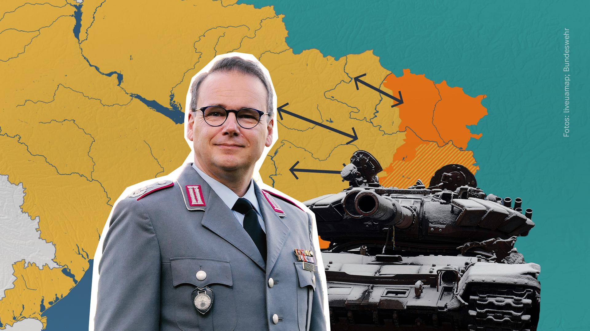 Oberst i.G. Andreas Schreiber, ein Panzer und ein Kartenausschnitt des ukrainischen Ostens