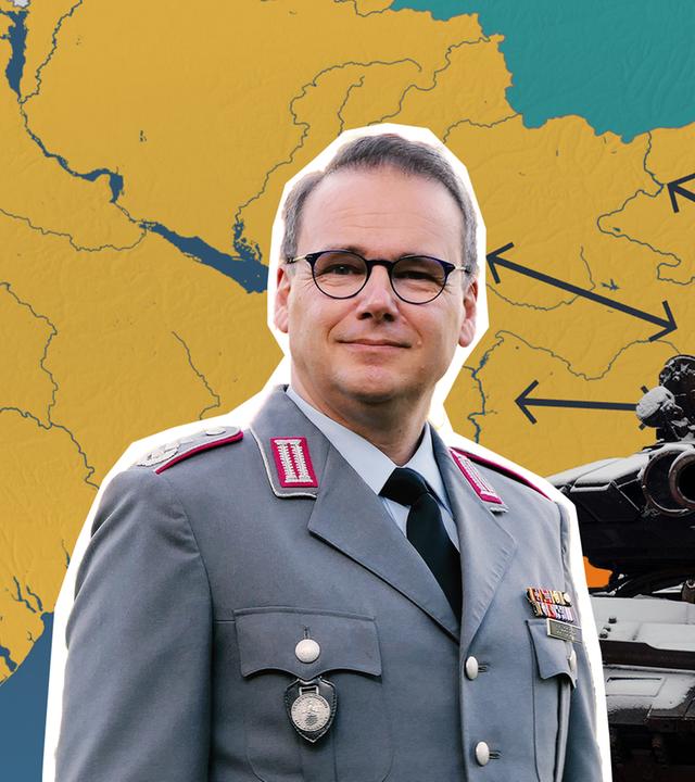 Oberst i.G. Andreas Schreiber, ein Panzer und ein Kartenausschnitt des ukrainischen Ostens
