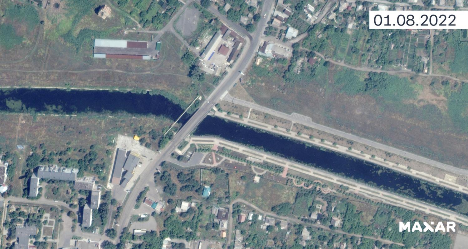 Satellitenbild: Brücke in Bachmut vor der Zerstörung am 1.8.2022