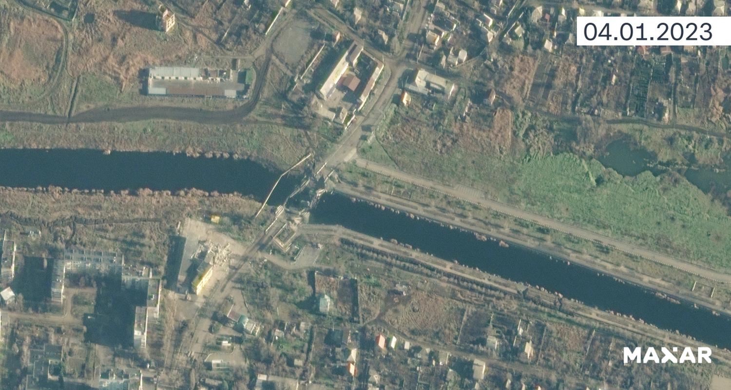 Satellitenbild: Zerstörte Brücke in Bachmut am 4.1.2023