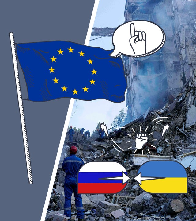 Eine Collage zeigt die Europaflagge auf der rechte Seite, über ihr eine Sprechblase mit einem erhobenen Finger. Rechts davon sieht man ein zerstörtes Gebäude, darauf die ukrainische Flagge und die russische mit zwei Pfeilen, die gegeneinander zeigen.