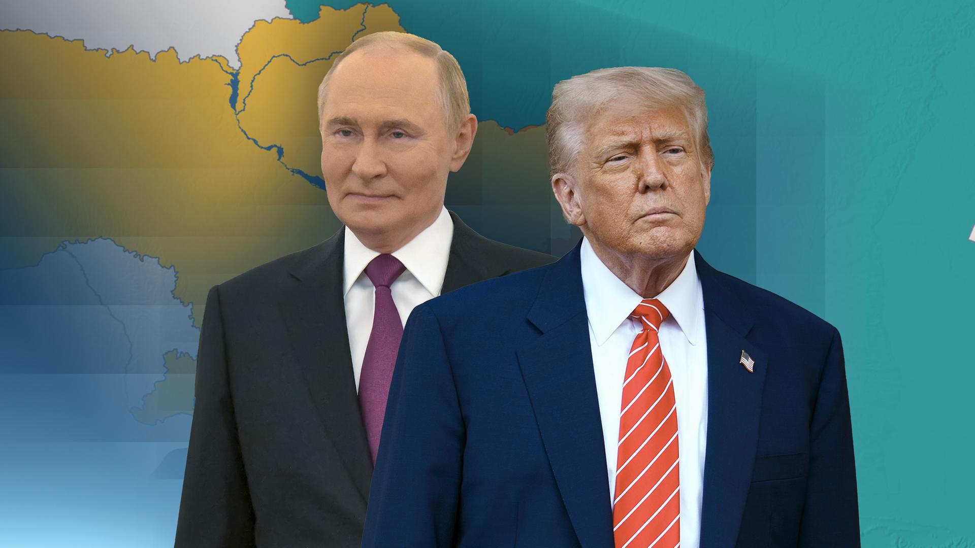 US-Präsident Donald Trump und Wladimir Putin, Präsident von Russland, sind vor einer Karte der Ukraine mit aktuellem Frontverlauf abgebildet.