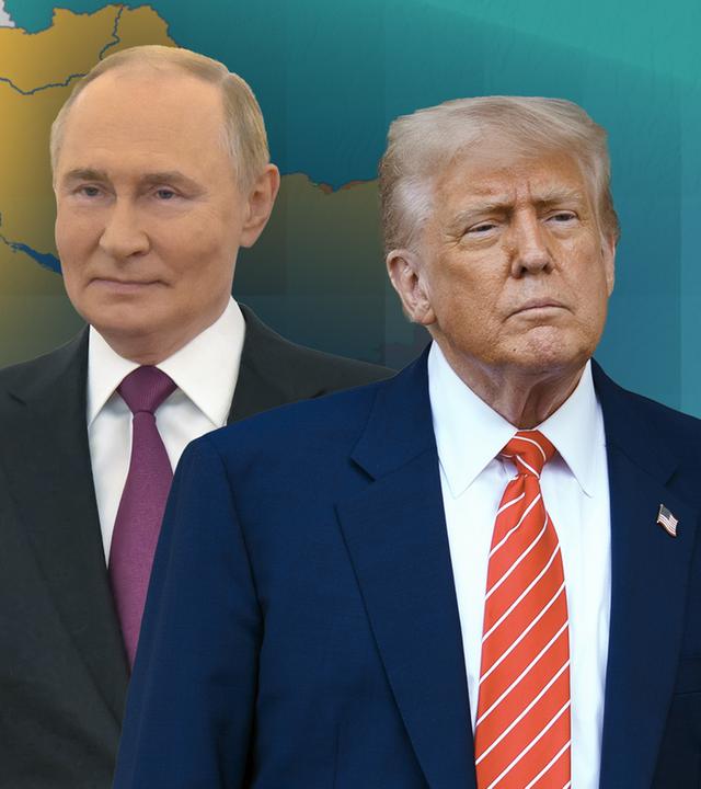 US-Präsident Donald Trump und Wladimir Putin, Präsident von Russland, sind vor einer Karte der Ukraine mit aktuellem Frontverlauf abgebildet.