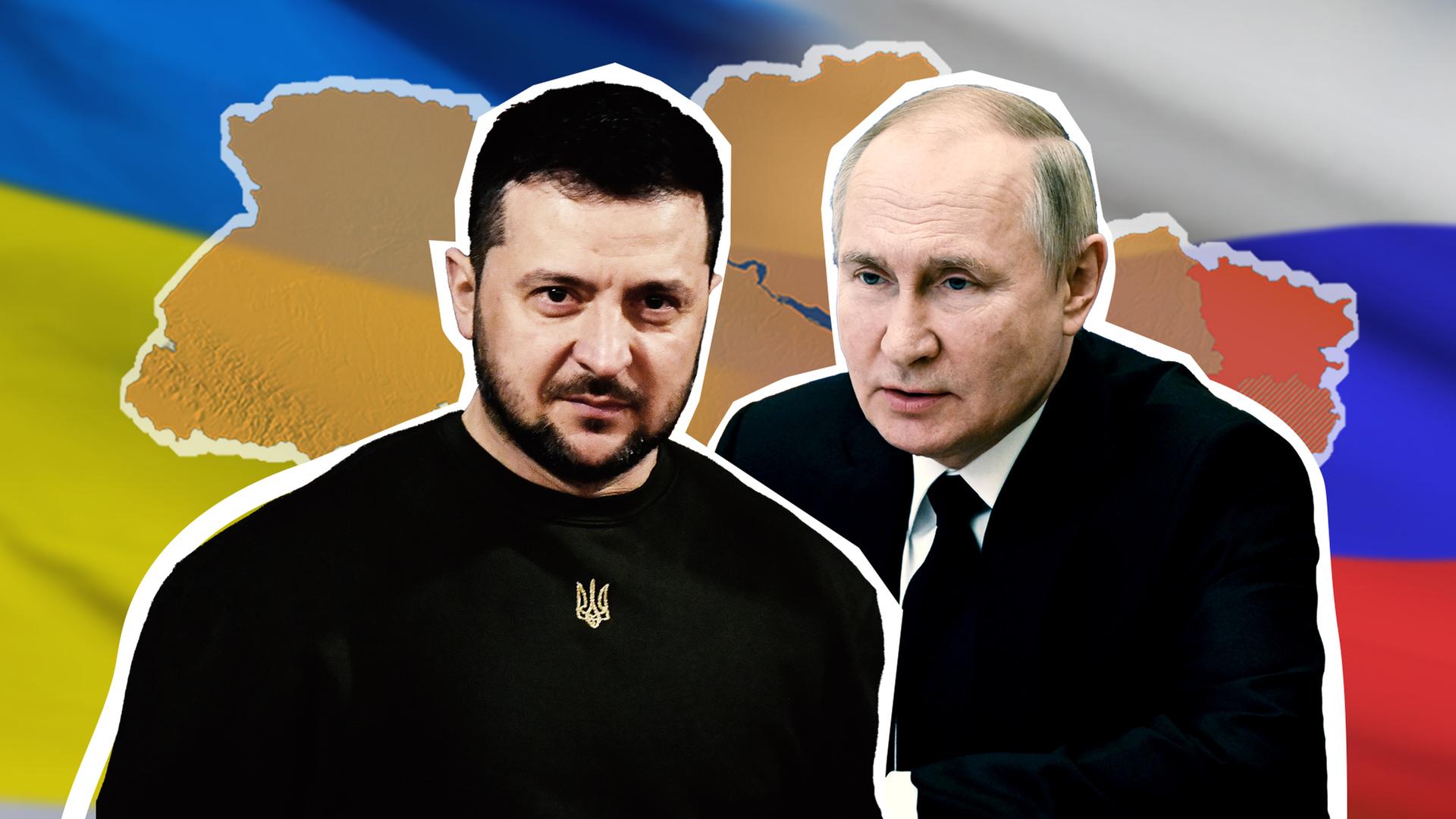 Der ukrainische Präsident Wolodymyr Selenskyj und Russlands Präsident Vladimir Putin vor einer Landkarte der Ukraine