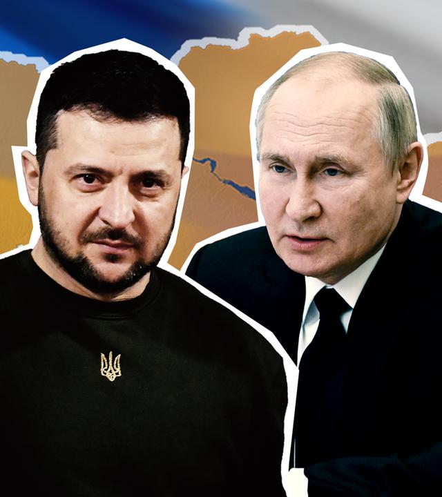 Der ukrainische Präsident Wolodymyr Selenskyj und Russlands Präsident Vladimir Putin vor einer Landkarte der Ukraine